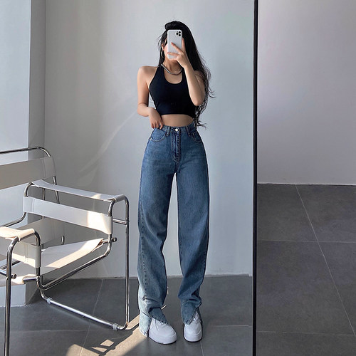 YoungGirlDay 2023新款高腰修身显瘦百搭直筒拖地开叉牛仔裤长裤 - 封面