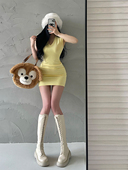 YoungGirlDay 纯欲风性感V领修身 显瘦弹力包肩打底连衣裙包臀短裙