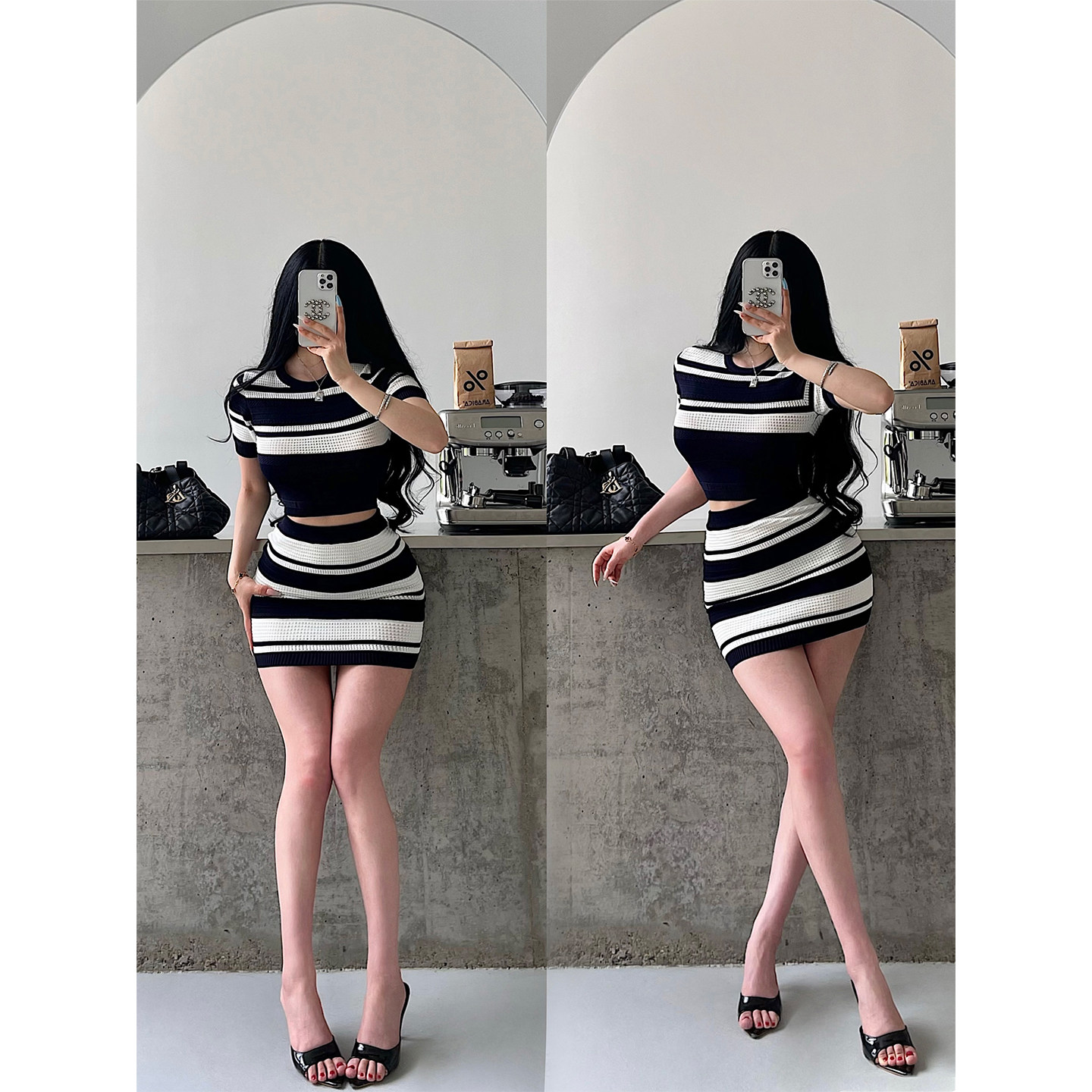 YoungGirlDay纯欲风性感条纹短款短袖上衣高腰包臀半身裙针织套装 - 实物图