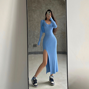 开叉中长款 YoungGirlDay 显瘦V领长袖 欧美修身 包臀连衣裙 2025新款