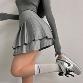 YoungGirlDay欧美学院风高腰防走光带安全裤 短款 双层百褶裙半身裙