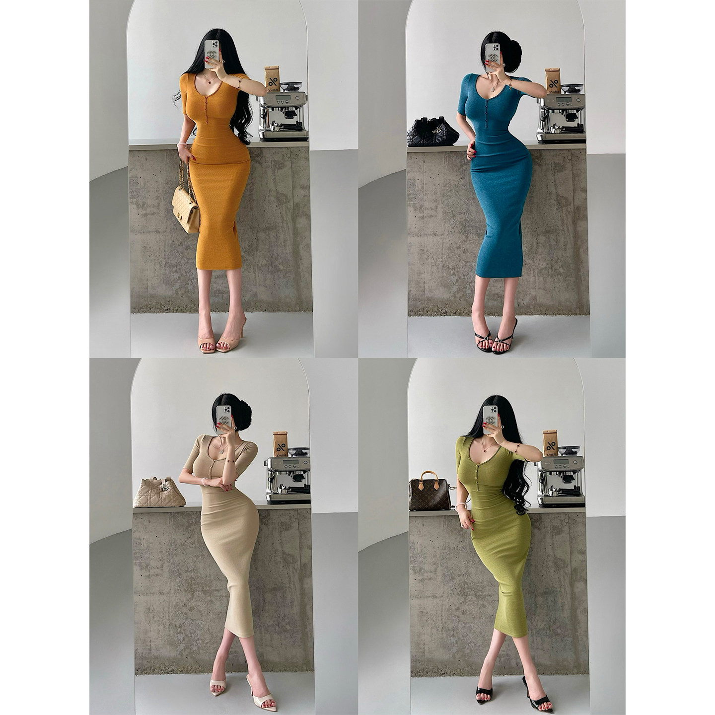 YoungGirlDay 纯欲风性感V领单排扣收腰显瘦中袖包臀中长款连衣裙