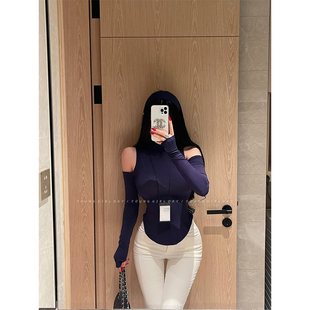 YoungGirlDay 打底T恤上衣 纯欲性感高领露肩弧形下摆收腰显瘦长袖