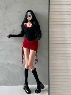 T恤抽绳褶皱含胸垫挂脖包臀连衣裙套装 YoungGirlDay 纯欲性感长袖