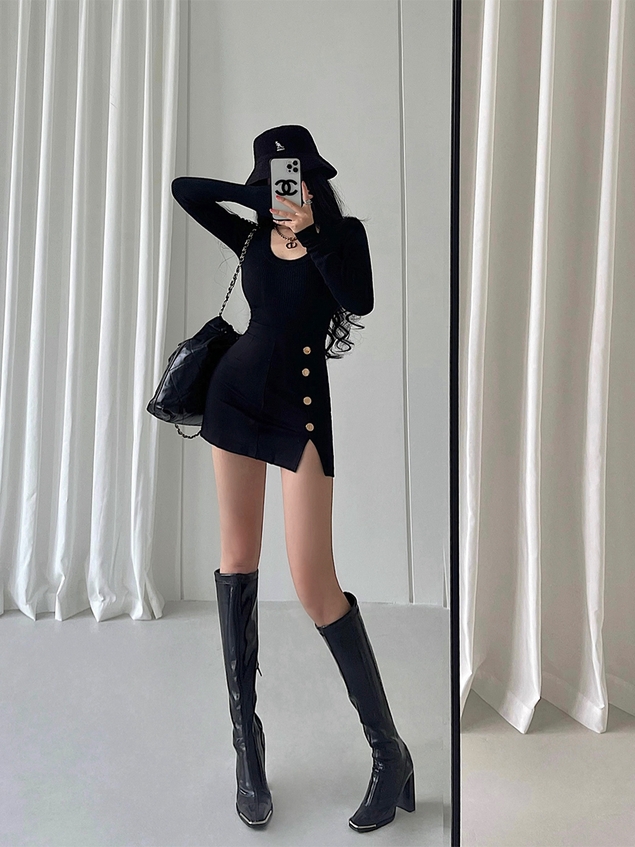 YoungGirlDay辣妹性感高腰紧身显瘦纽扣装饰侧开叉包臀半身裙短裙