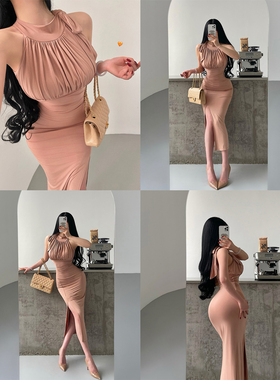 YoungGirlDay御姐纯欲性感褶皱收腰显瘦开叉包臀中长款挂脖连衣裙