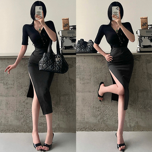 YoungGirlDay御姐纯欲性感高腰不规则褶皱高开叉中长款 包臀半身裙