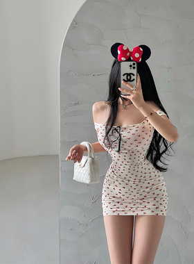 YoungGirlDay纯欲甜妹风樱桃印花紧身显瘦挂肩吊带连衣裙包臀短裙
