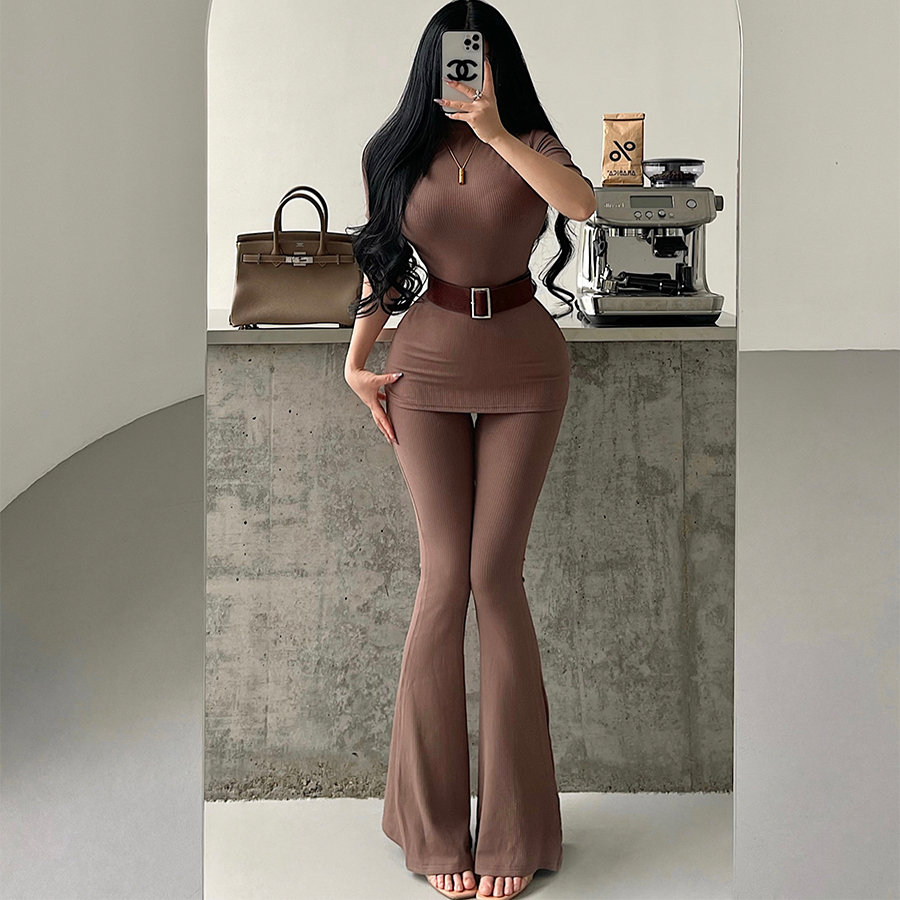 短袖T恤高腰休闲裤套装含腰带