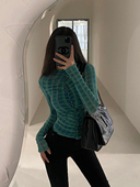 YoungGirlDay辣妹性感紧身显瘦网纱拼接褶皱木耳边长袖 T恤上衣女