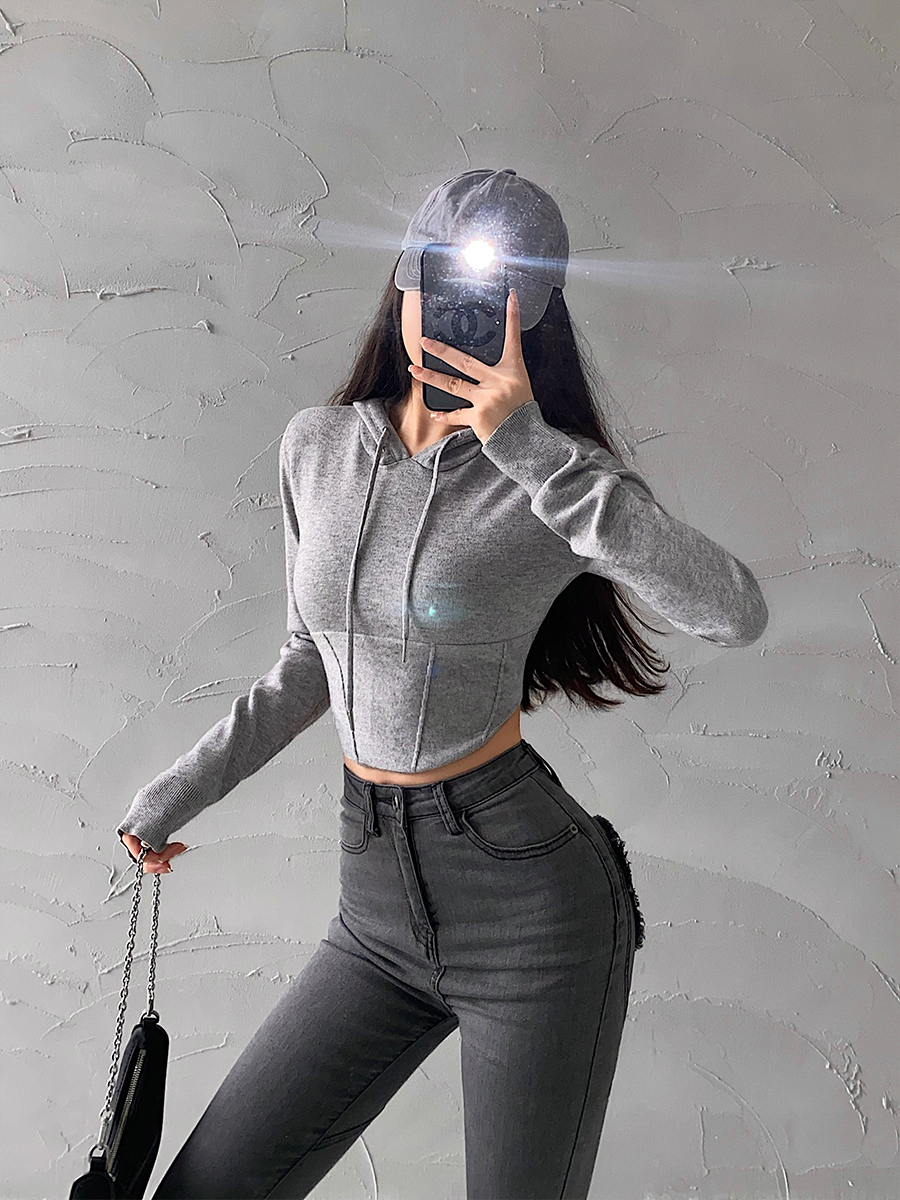 纯欲辣妹针织连帽卫衣长袖上衣