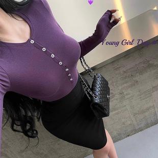 打底T恤上衣 圆领单排扣弹力紧身显瘦长袖 YoungGirlDay 纯欲基础款