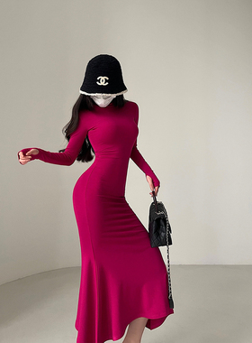 YoungGirlDay纯欲风性感高领紧身显瘦长袖打底包臀鱼尾连衣裙长裙