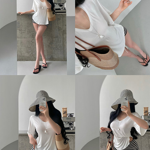 V领宽松显瘦五分袖薄款T恤上衣