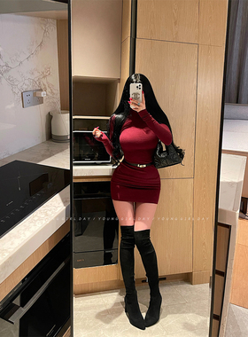 YoungGirlDay卡戴珊性感高领紧身显瘦加厚长袖打底包臀连衣裙短裙