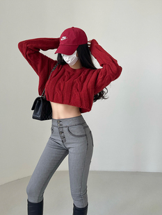 长袖 露脐麻花针织衫 毛衣女 复古圆领宽松显瘦短款 YoungGirlDay美式