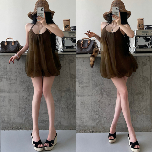 YoungGirlDay纯欲风温柔性感宽松显瘦网纱花苞系带挂脖连衣裙短裙