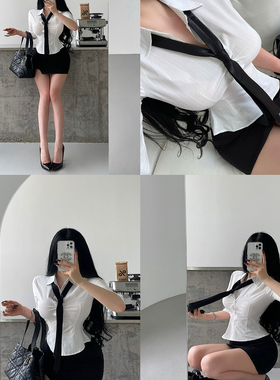 YoungGirlDay御姐纯欲韩系OL单排扣修身收腰显瘦中袖领带衬衫上衣