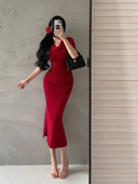 YoungGirlDay纯欲性感荡领紧身显瘦收腰褶皱开叉中长款 包臀连衣裙