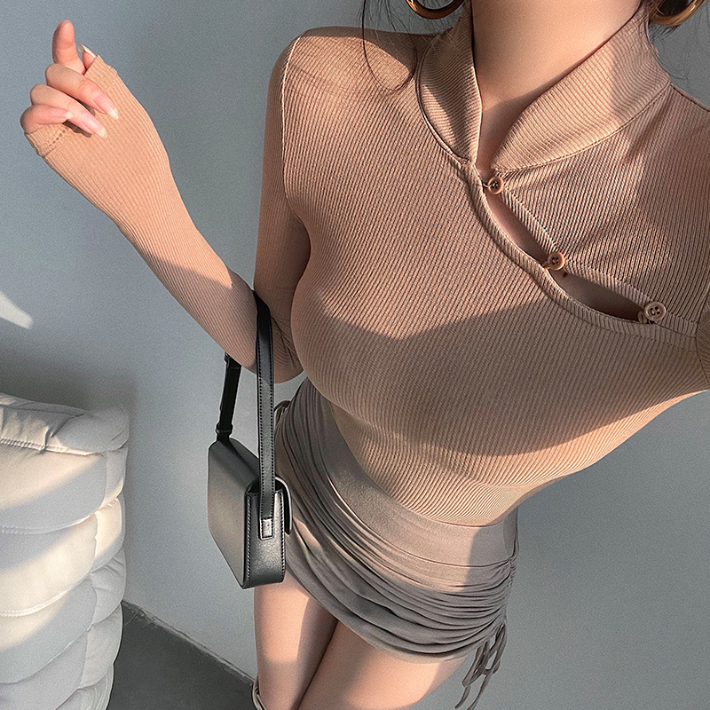 辣妹性感旗袍领长袖T恤上衣女