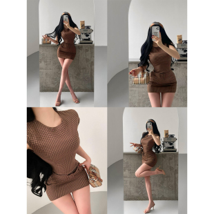 YoungGirlDay复古纯欲风性感腰带收腰修身 显瘦格纹包臀连衣裙短裙