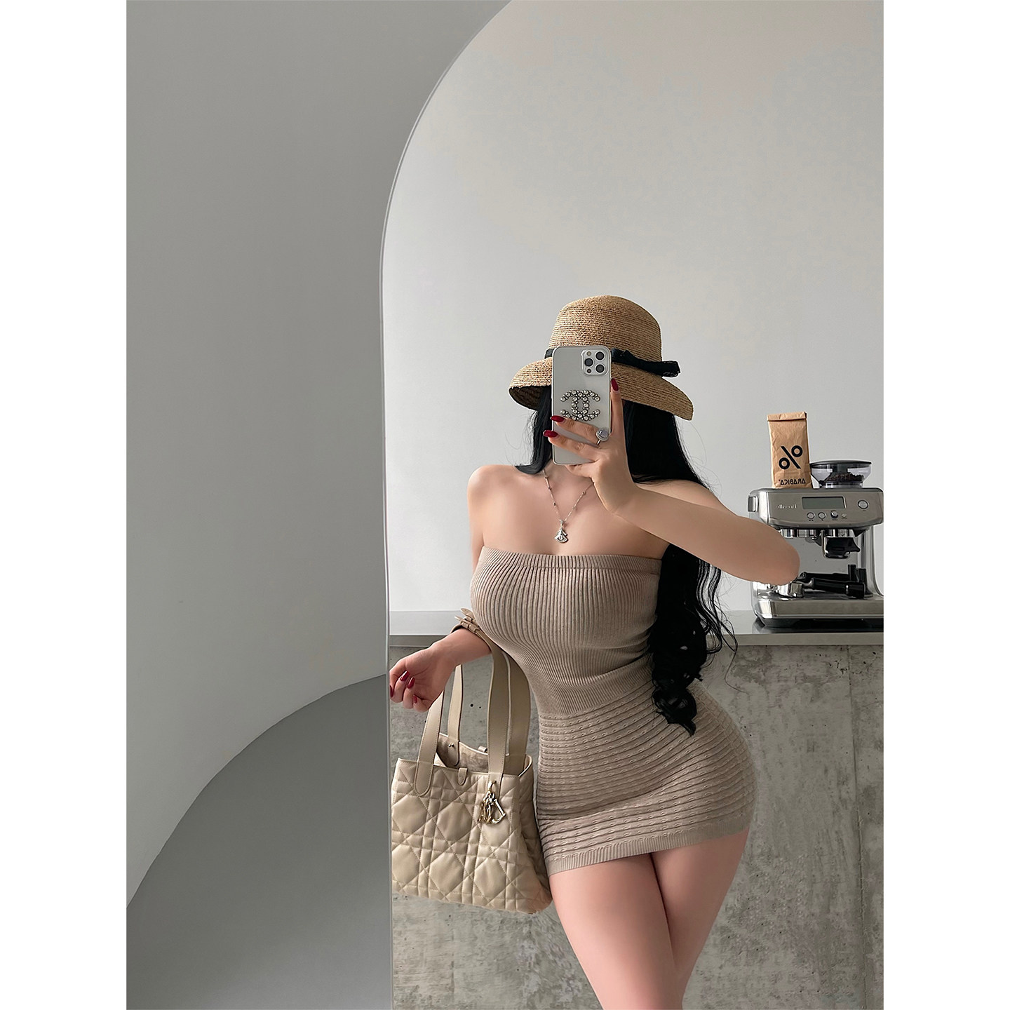 YoungGirlDay御姐纯欲风性感修身收腰显瘦抹胸包臀针织连衣裙短裙