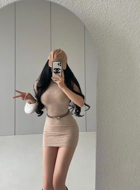 YoungGirlDay纯欲风性感紧身显瘦小高领短袖连衣裙包臀短裙含腰带