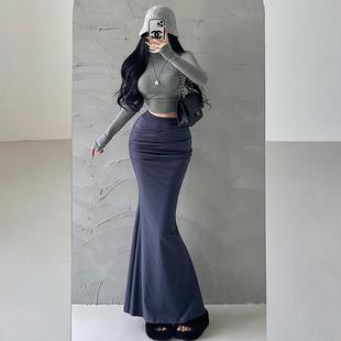 YoungGirlDay卡戴珊性感高腰显瘦褶皱修身 弹力包臀鱼尾裙半身长裙