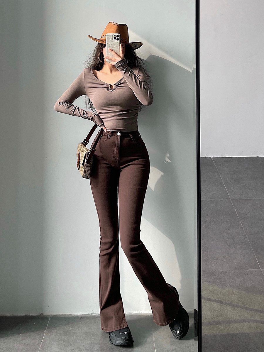 younggirlday欧美街拍高腰修身显瘦微喇开叉显腿长拖地牛仔裤长裤