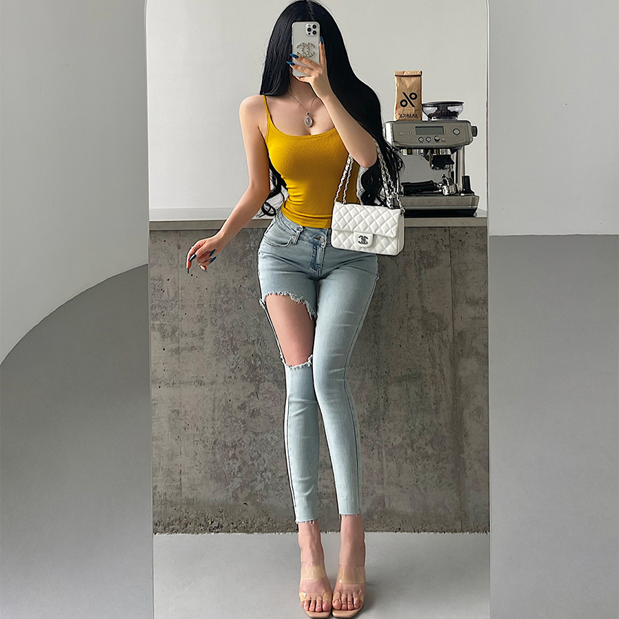 YoungGirlDay辣妹时髦性感高腰紧身显瘦破洞九分小脚铅笔裤牛仔裤