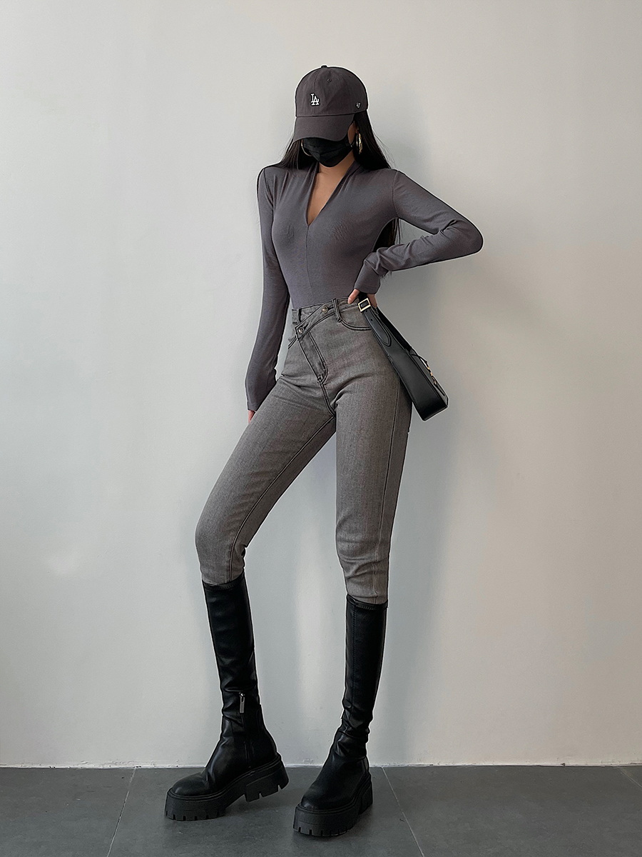 高腰不规则错腰小脚铅笔牛仔长裤