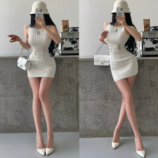 YoungGirlDay韩系纯欲修身 针织包臀连衣裙短裙 收腰显瘦金属扣无袖