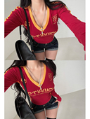 YoungGirlDay美式 T恤上衣女 露脐V领撞色印花长袖 辣妹修身 显瘦短款