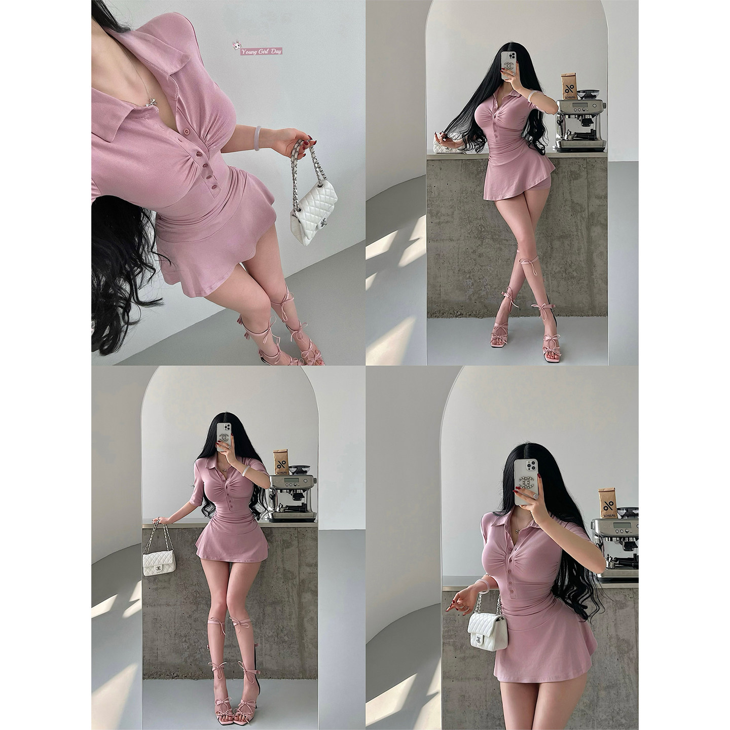 YoungGirlDay 纯欲性感翻领单排扣修身褶皱收腰A字连衣裙短裤套装