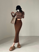 YoungGirlDay欧美高腰V形裤 腰修身 显瘦纯色后开叉包臀针织半身裙