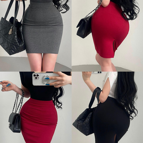 高腰丰胯后开叉包臀半身裙短裙