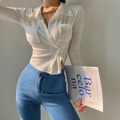 美式 复古双口袋单排扣修身 显瘦翻领长袖 YoungGirlDay 短款 T恤上衣