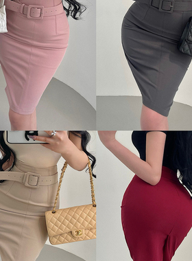 YoungGirlDay韩系纯欲风性感OL高腰后开叉中长款包臀半身裙含腰带