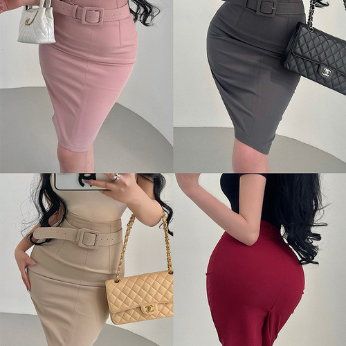 高腰开叉中长款包臀半身裙含腰带