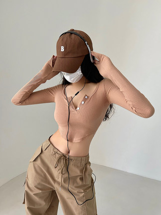 YoungGirlDay欧美辣妹性感紧身显瘦弧形下摆短款露脐长袖T恤上衣
