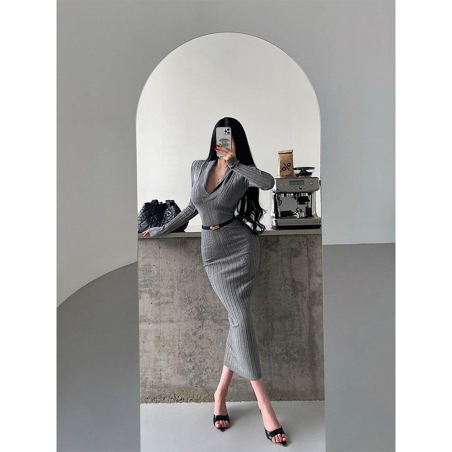 YoungGirlDay纯欲风性感翻领修身显瘦长袖弹力针织包臀连衣裙长裙,女装/女士精品,连衣裙,淘宝优惠券,粉丝福利购,淘宝优惠卷