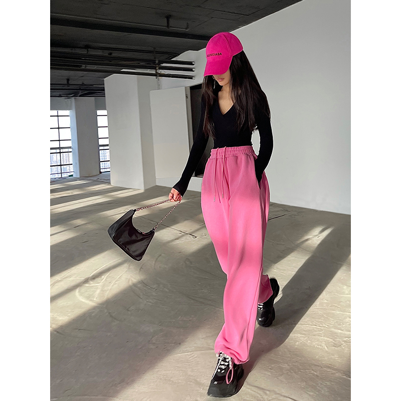 欧美高腰宽松显瘦抽绳束脚休闲裤