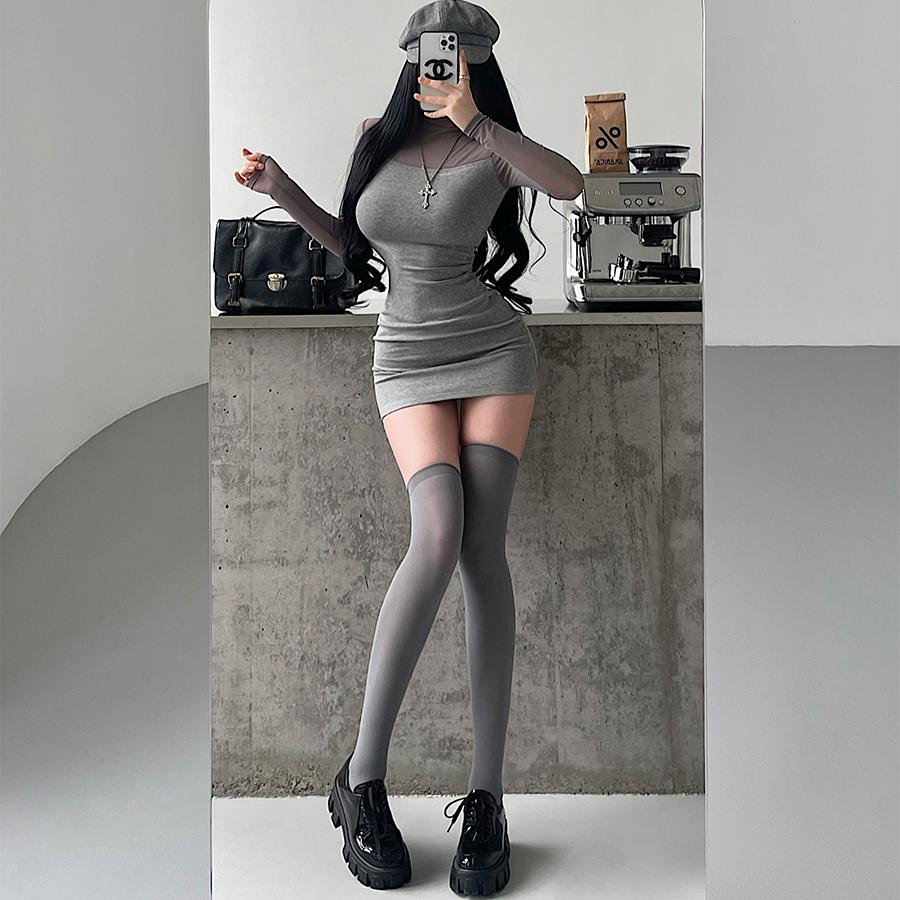 性感网纱拼接抓绒包臀连衣裙短裙