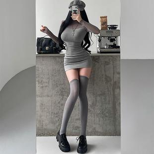 YoungGirlDay韩漫风纯欲性感高领网纱拼接抓绒长袖 包臀连衣裙短裙