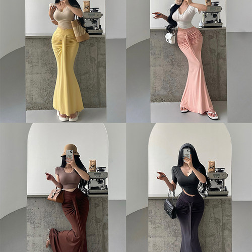 V腰高腰褶皱包臀鱼尾半身长裙