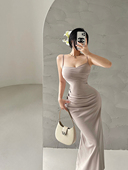 YoungGirlDay卡戴珊性感露背修身 褶皱收腰包臀鱼尾吊带连衣裙长裙