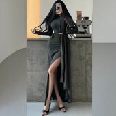 YoungGirlDay肯豆同款 御姐连领飘带长袖 开叉包臀连衣裙长裙含腰带