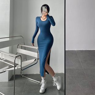 连衣裙 开叉打底长袖 YoungGirlDay欧美风基础款 圆领紧身显瘦中长款