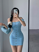 YoungGirlDay纯欲性感一字肩木耳边修身 显瘦针织连衣裙包臀短裙