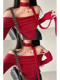 上衣 褶皱打底针织衫 YoungGirlDay纯欲性感一字肩系脖飘带修身 长袖